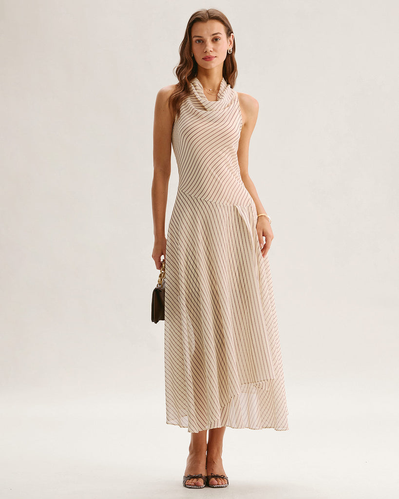 Beige Striped Cowl Neck Sleeveless Midi Dress