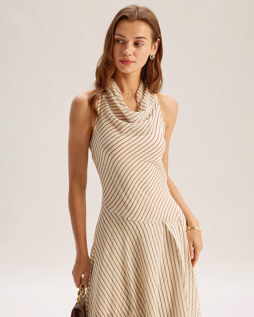 Beige Striped Cowl Neck Sleeveless Midi Dress