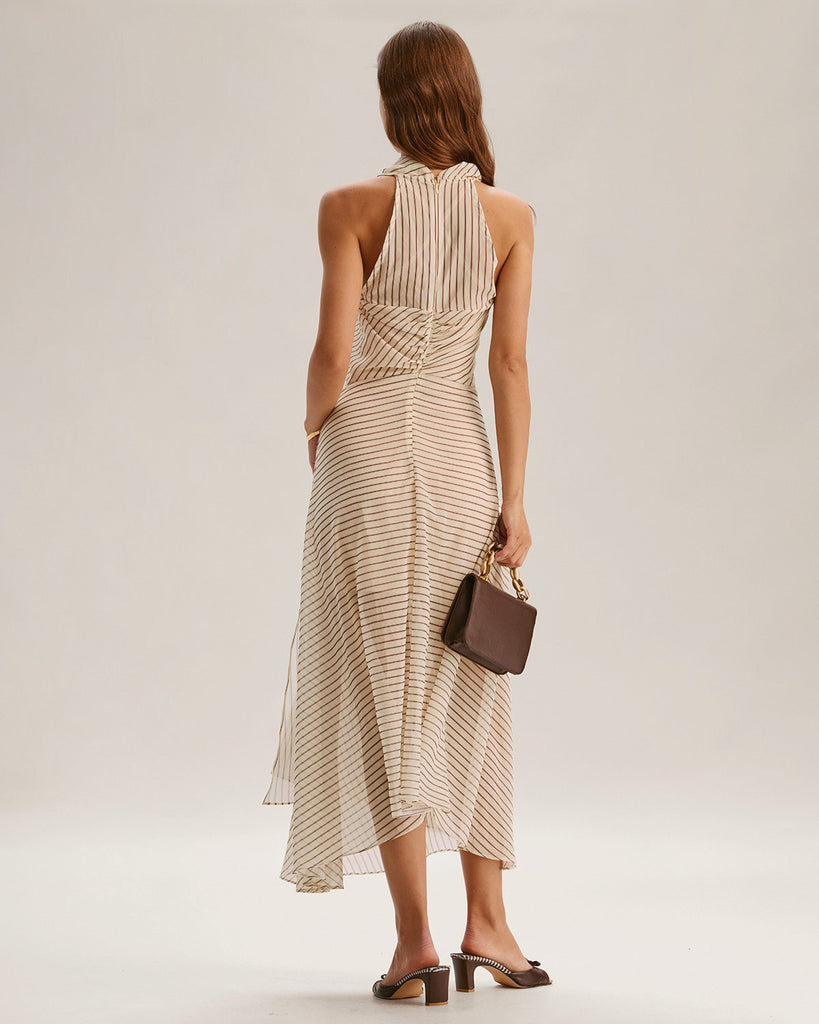 Beige Striped Cowl Neck Sleeveless Midi Dress