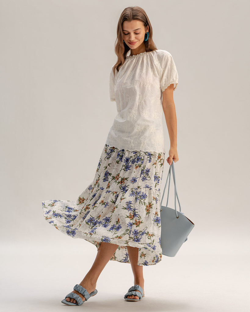 Apricot Floral Elastic Waist A-line Midi Skirt
