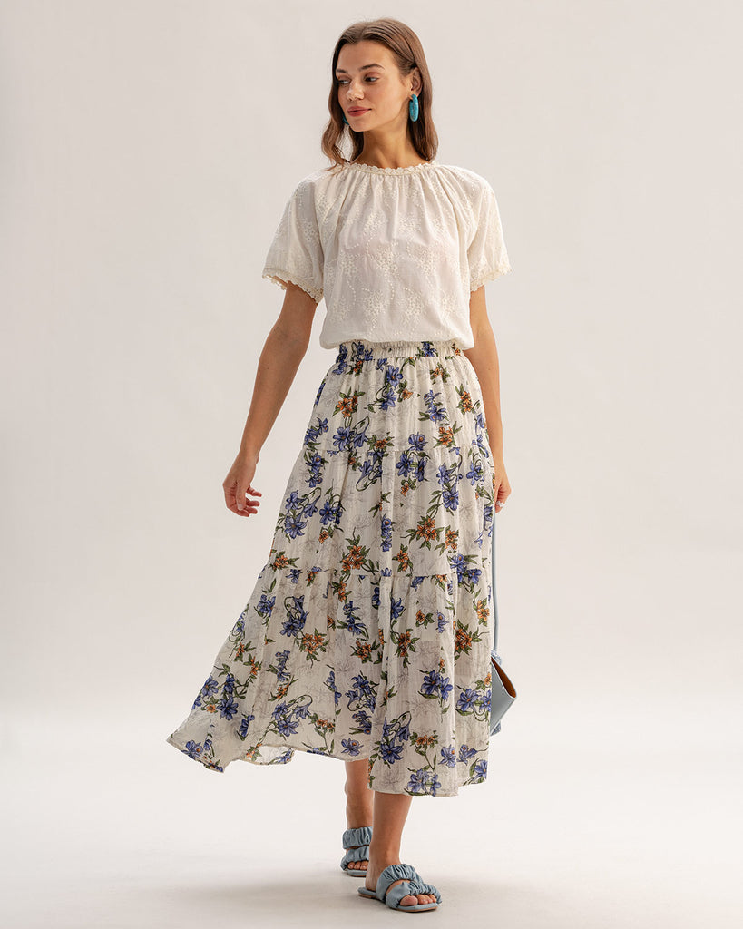 Apricot Floral Elastic Waist A-line Midi Skirt
