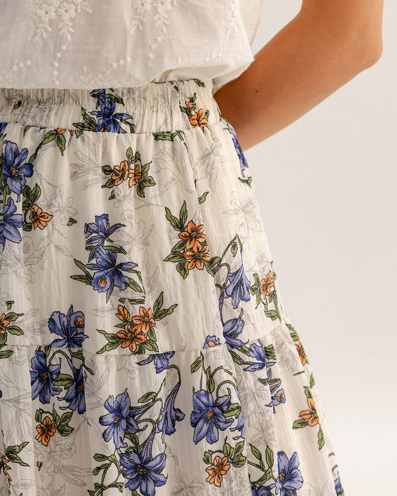 Apricot Floral Elastic Waist A-line Midi Skirt