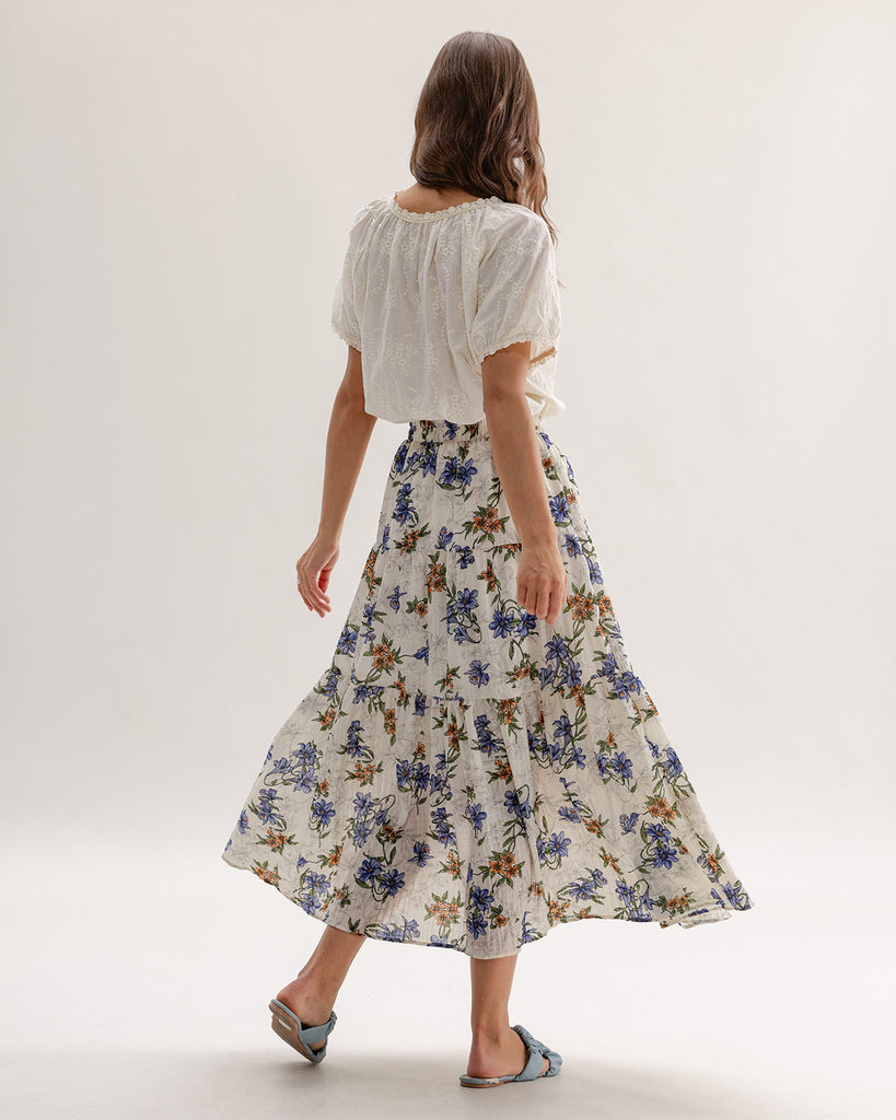 Apricot Floral Elastic Waist A-line Midi Skirt