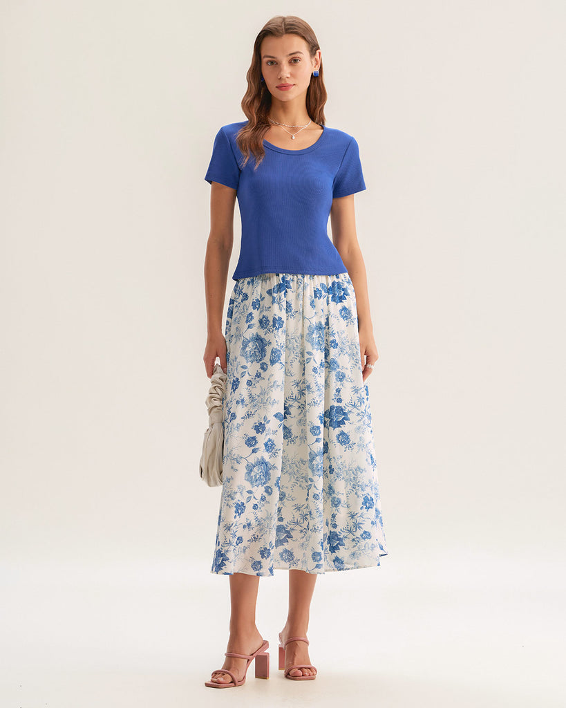 Blue Floral Skirt Two Piece Suit