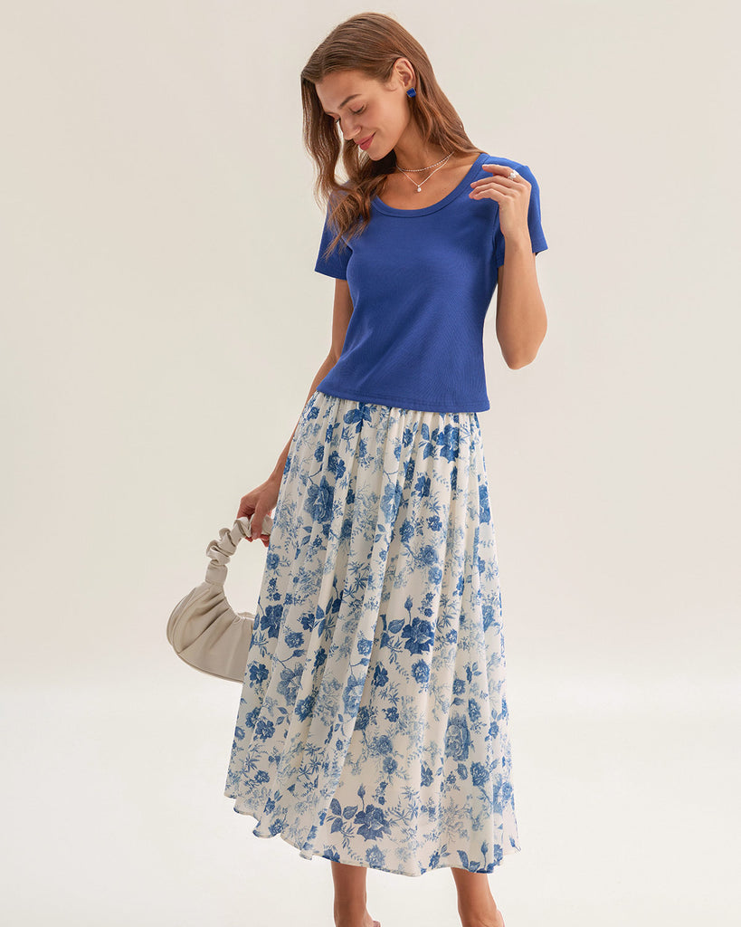 Blue Floral Skirt Two Piece Suit