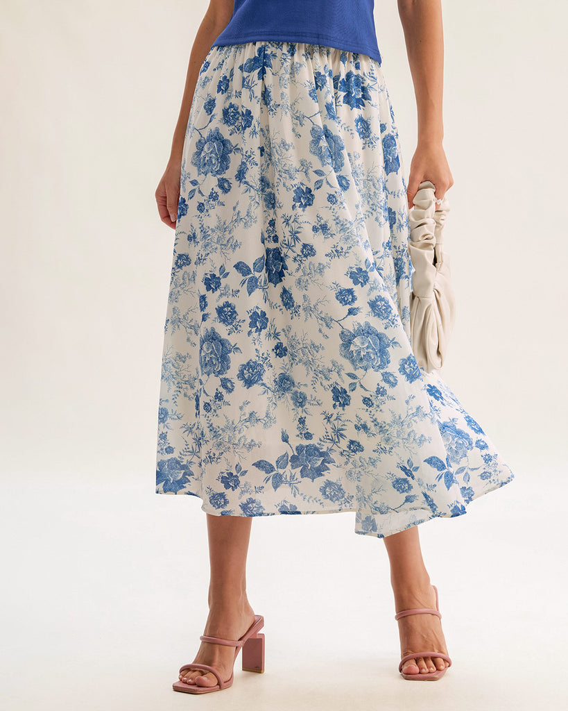 Blue Floral Skirt Two Piece Suit