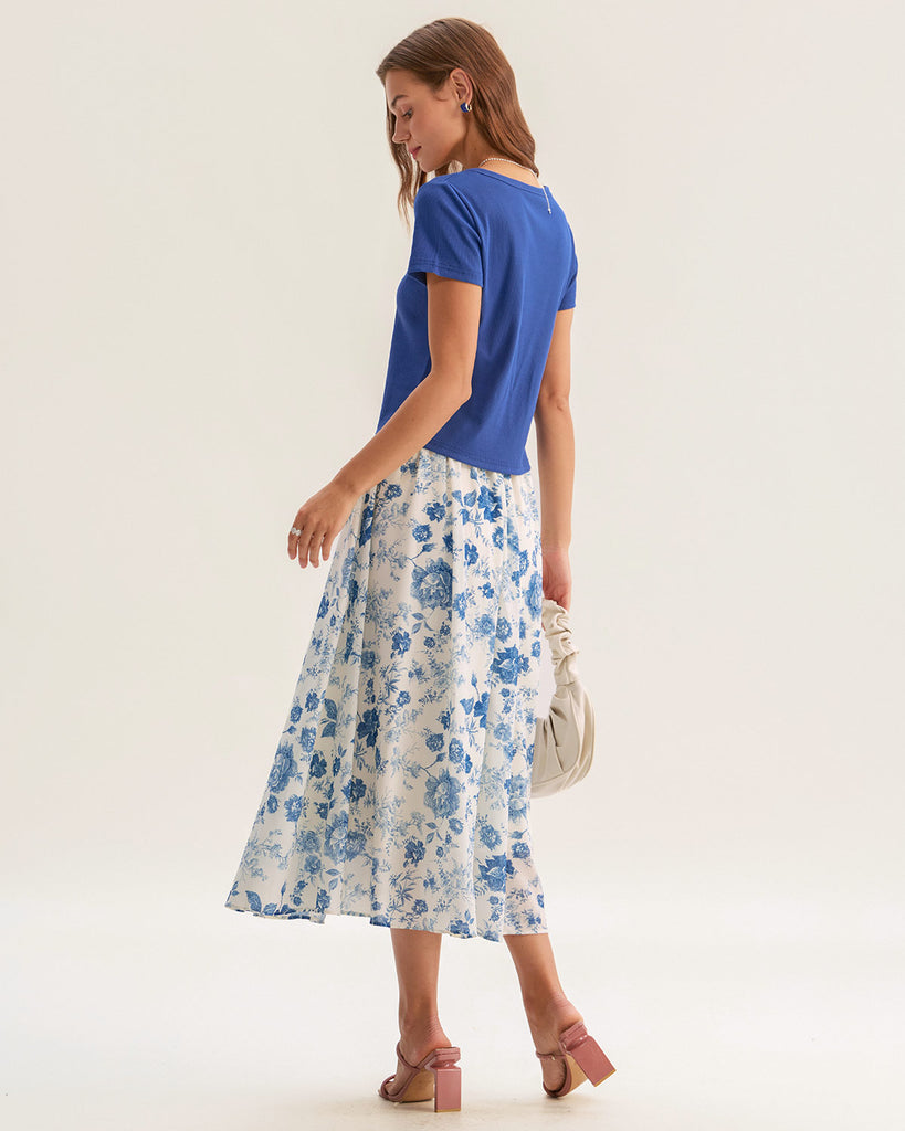 Blue Floral Skirt Two Piece Suit