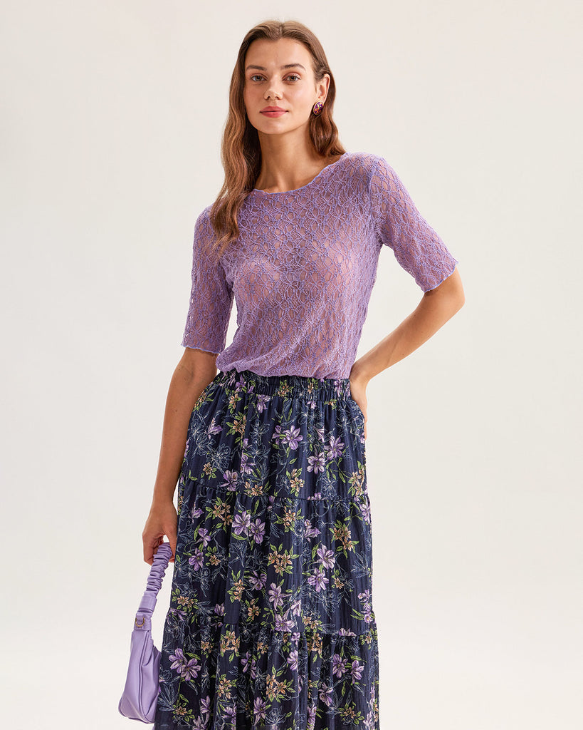 Black Floral Elastic Waist Midi Skirt