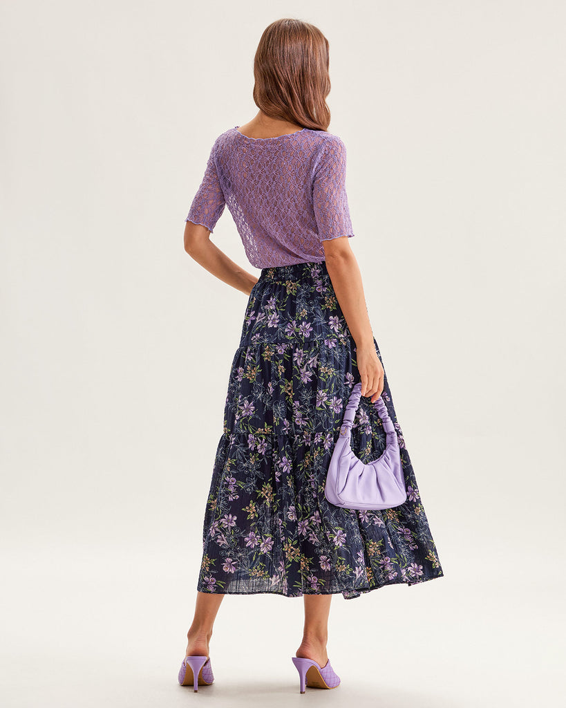 Black Floral Elastic Waist Midi Skirt