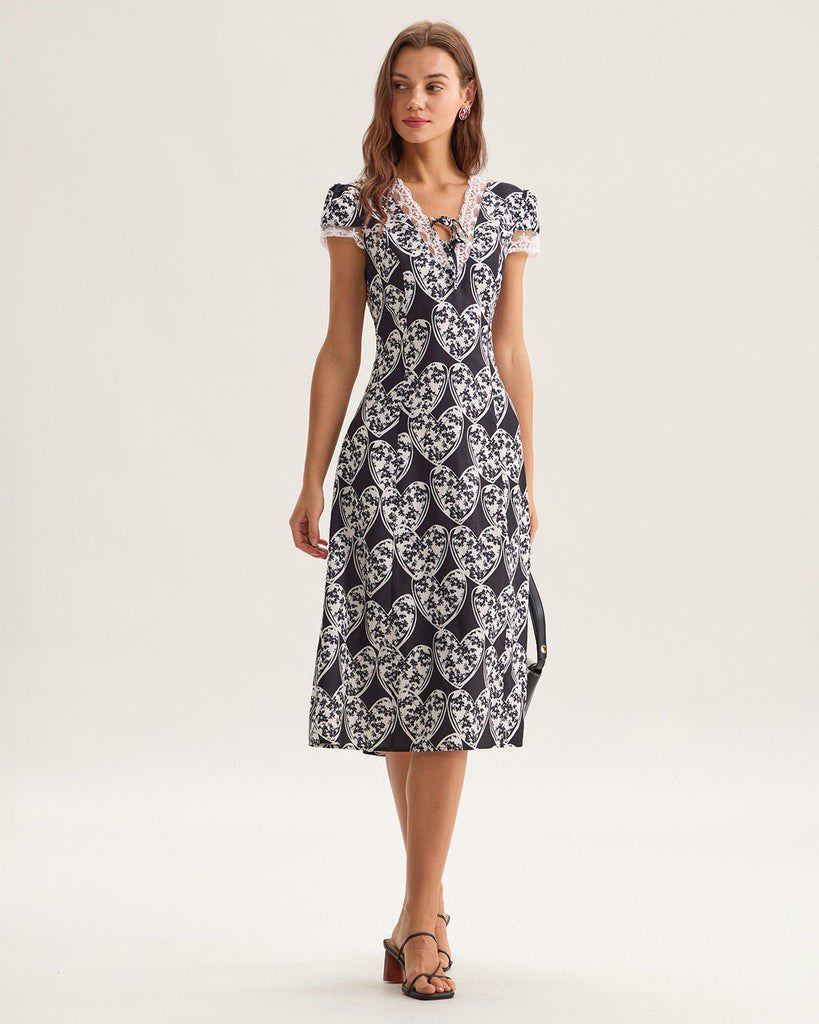 Black Floral Lace Trim Midi Dress