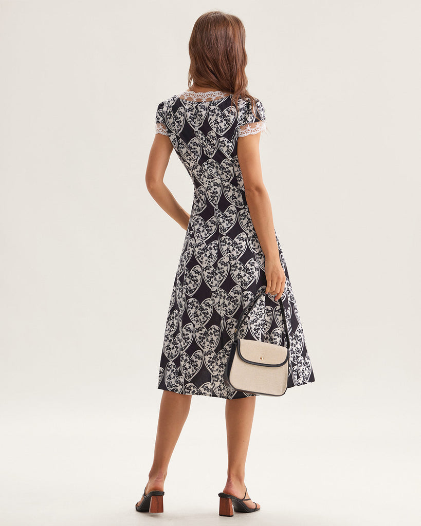 Black Floral Lace Trim Midi Dress