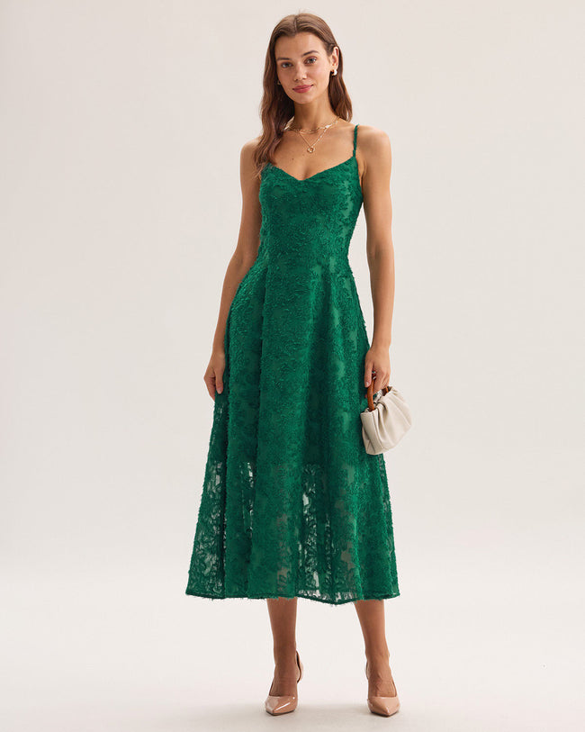 Green Floral Shirred Slip Midi Dress