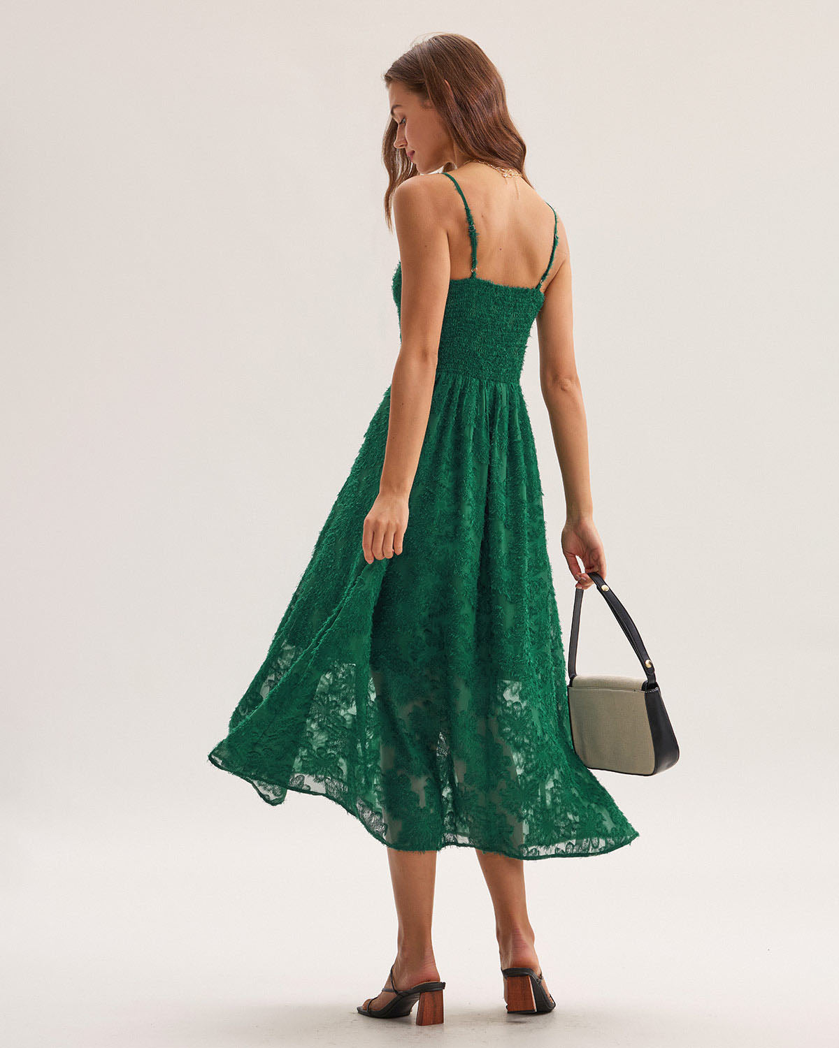 Green Floral Shirred Slip Midi Dress