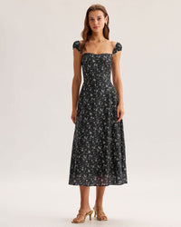 Black Floral Square Neck Midi Dress