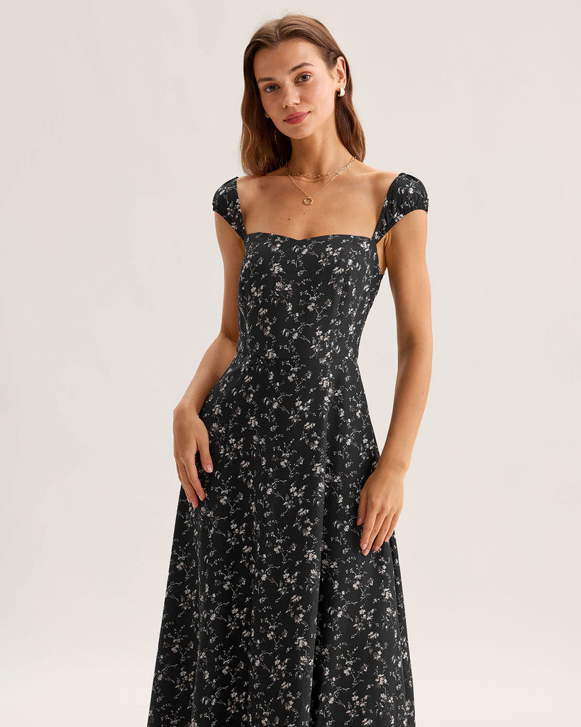 Black Floral Square Neck Midi Dress
