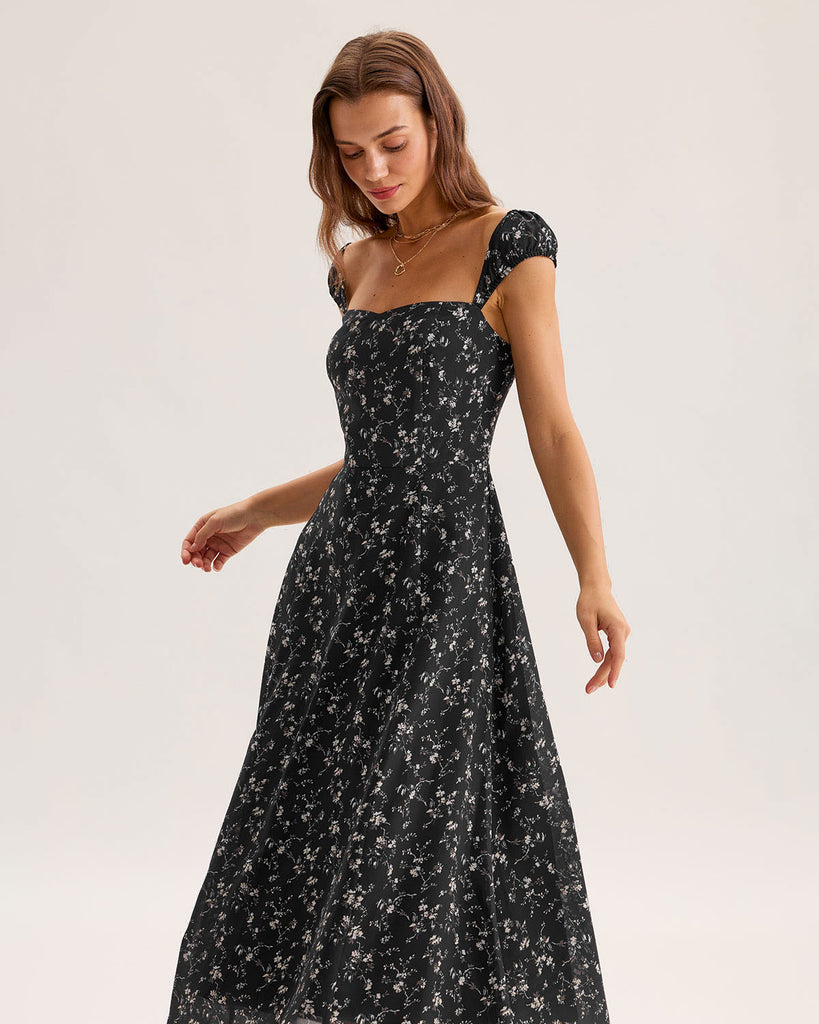 Black Floral Square Neck Midi Dress