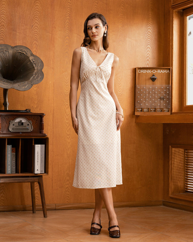 Beige V-neck Ruched Sleeveless Midi Dress