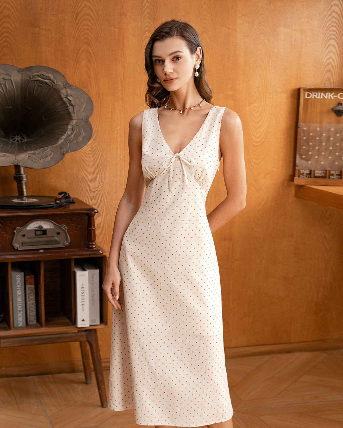 Beige V-neck Ruched Sleeveless Midi Dress