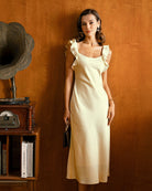 Yellow Square Neck Ruffle Satin Midi Dress