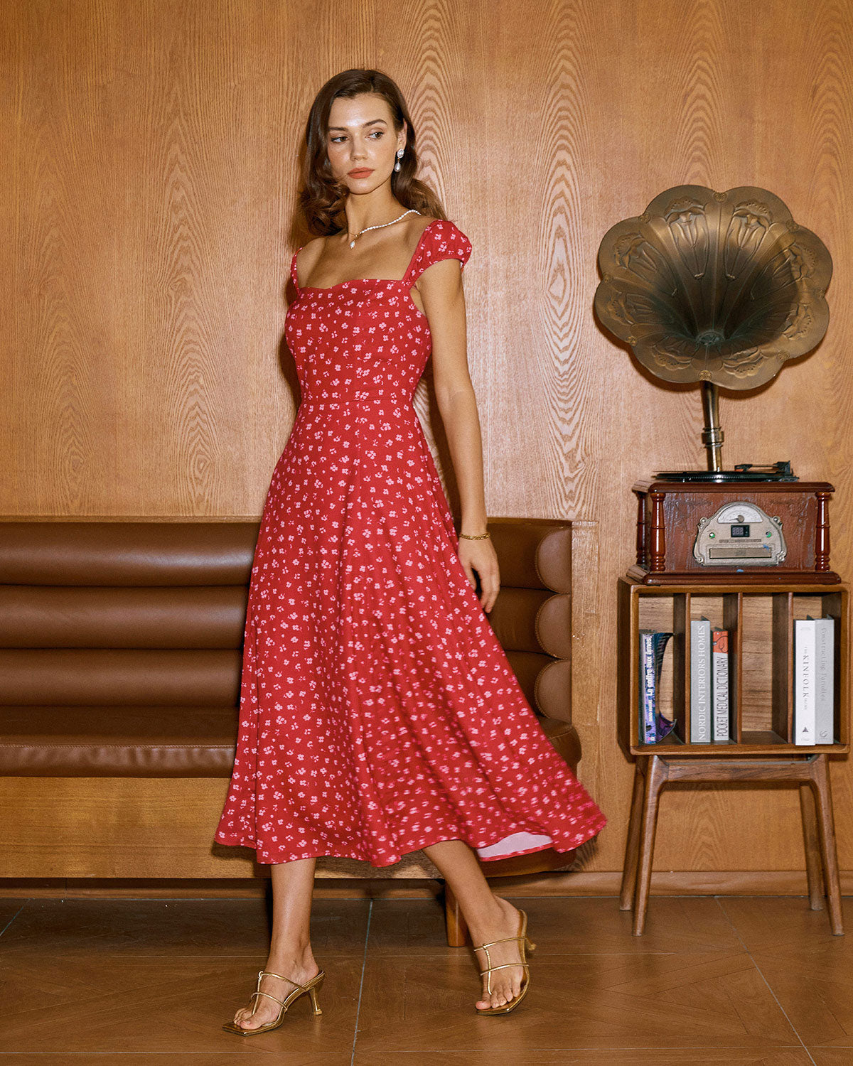 Red Floral Sweetheart Neck Cap Sleeve Midi Dress