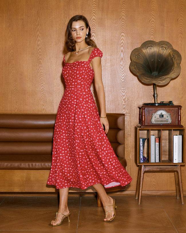 Red Floral Sweetheart Neck Cap Sleeve Midi Dress