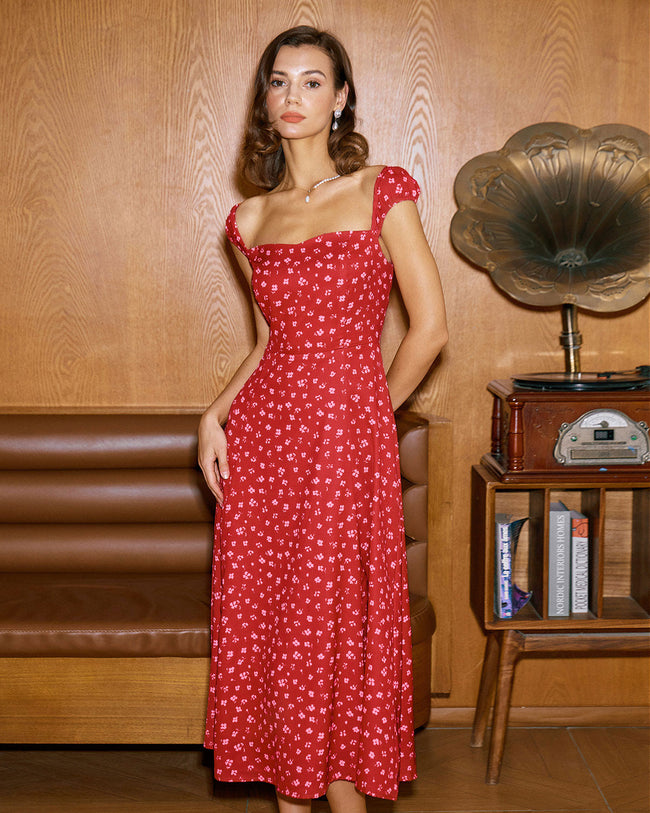 Red Floral Sweetheart Neck Cap Sleeve Midi Dress
