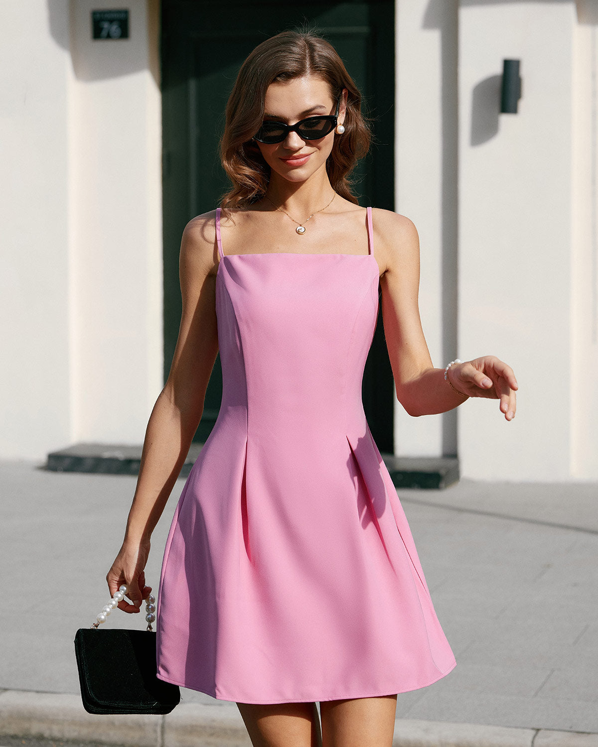 Pink Square Neck Slip Pleated Mini Dress