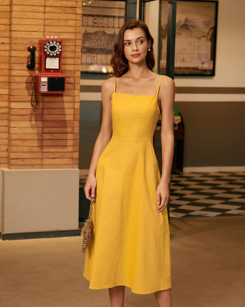 Yellow Square Neck Shirred Slip Midi Dress