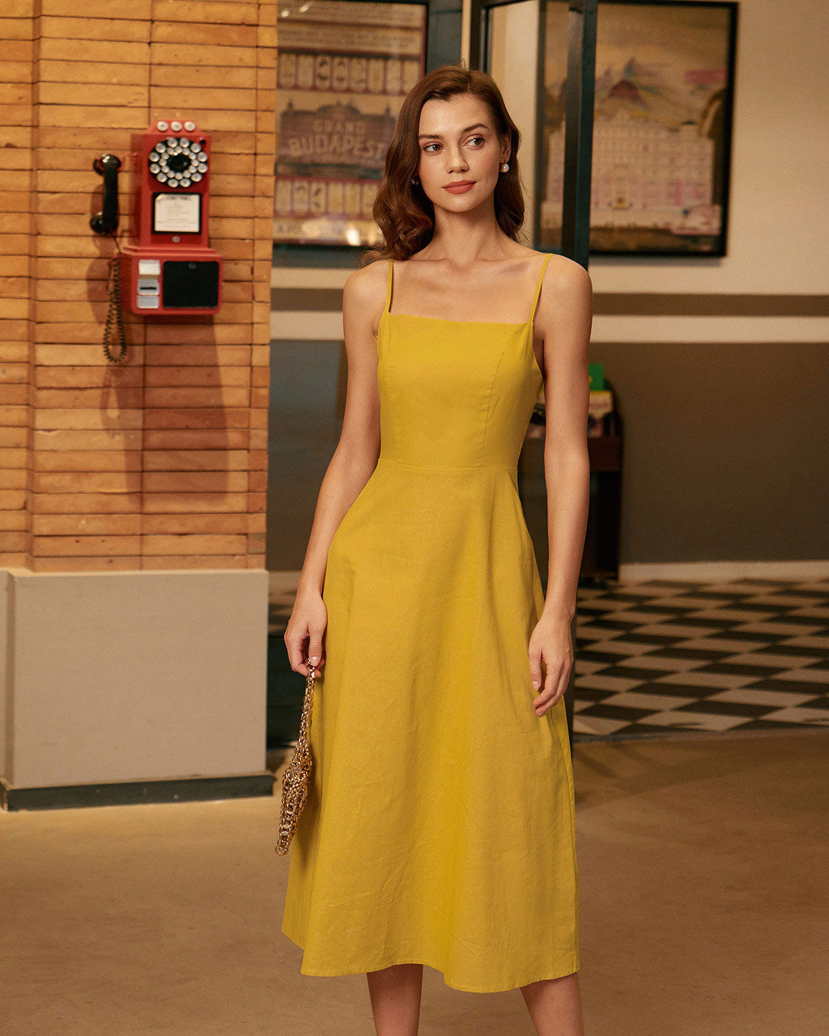 Yellow Square Neck Shirred Slip Midi Dress - Main Image