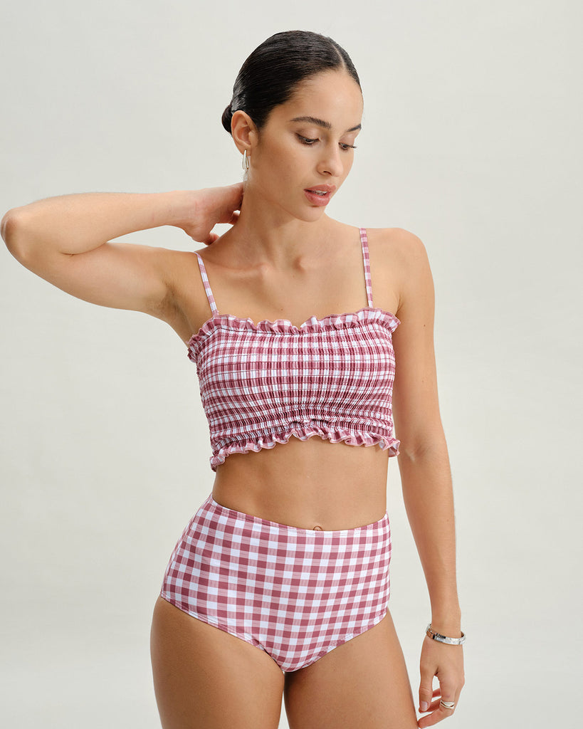 Red Plaid Bandeau Bikini Set