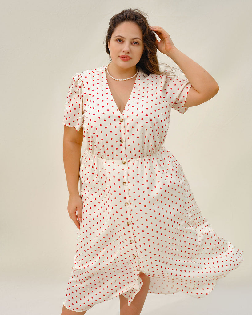 Beige Polka Dot Plus Size Midi Dress