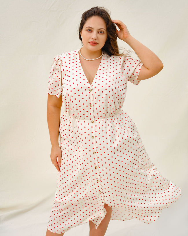 Beige Polka Dot Plus Size Midi Dress