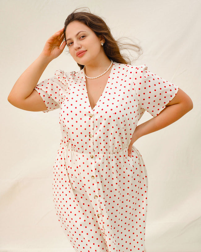 Beige Polka Dot Plus Size Midi Dress