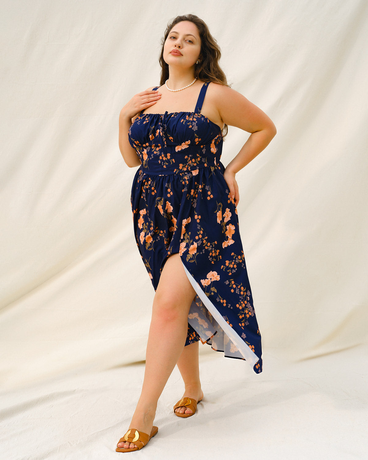 Navy Floral Ruched Plus Size Slip Midi Dress