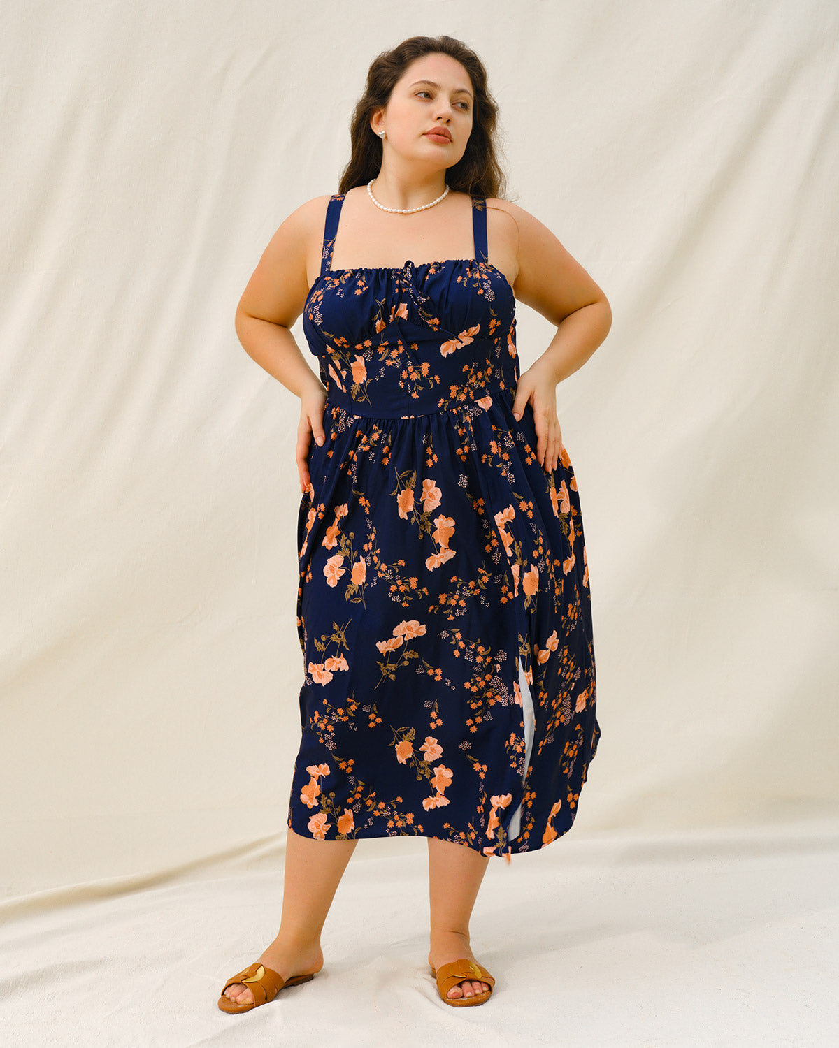 Navy Floral Ruched Plus Size Slip Midi Dress