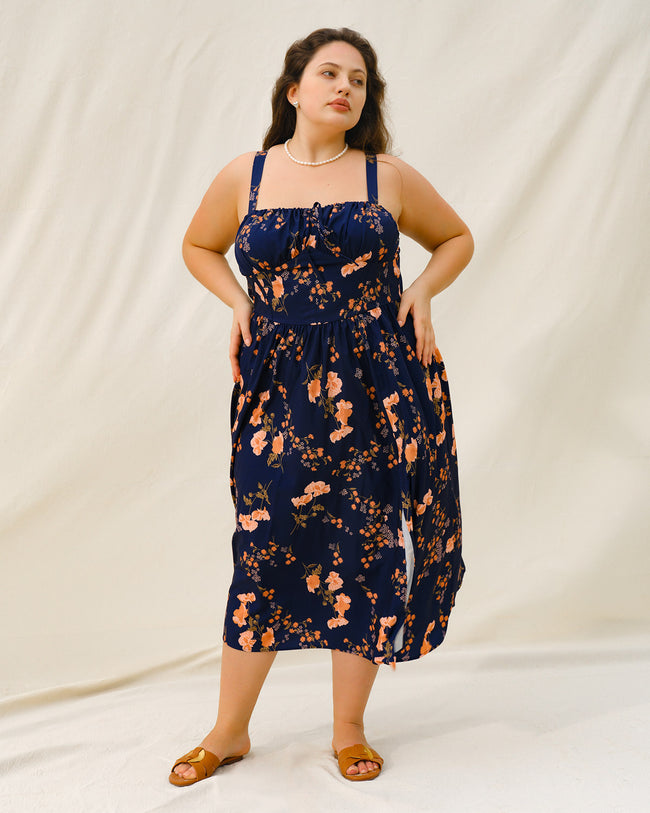 Navy Floral Ruched Plus Size Slip Midi Dress