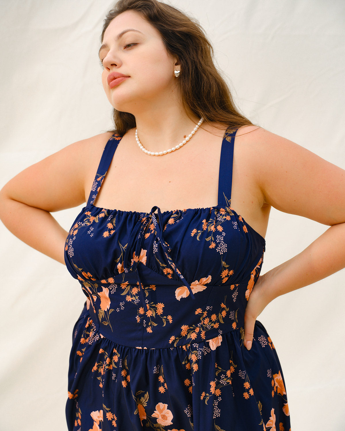 Navy Floral Ruched Plus Size Slip Midi Dress