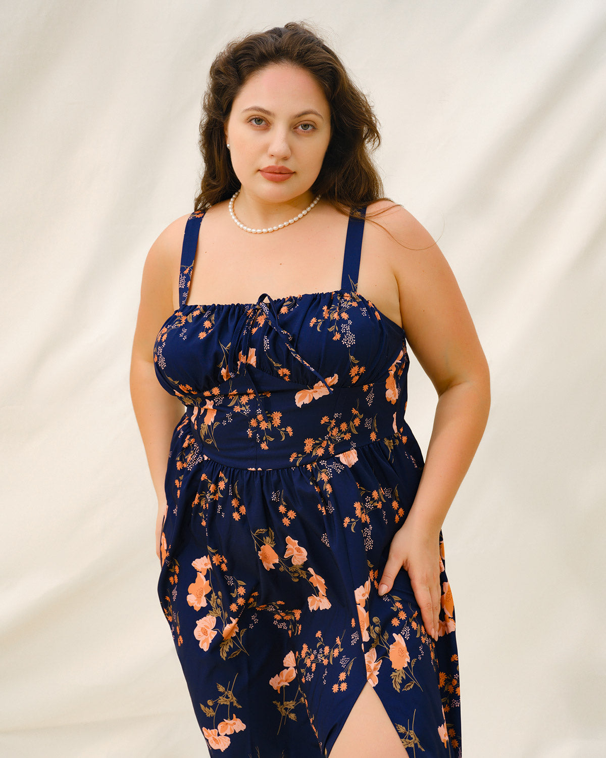 Navy Floral Ruched Plus Size Slip Midi Dress