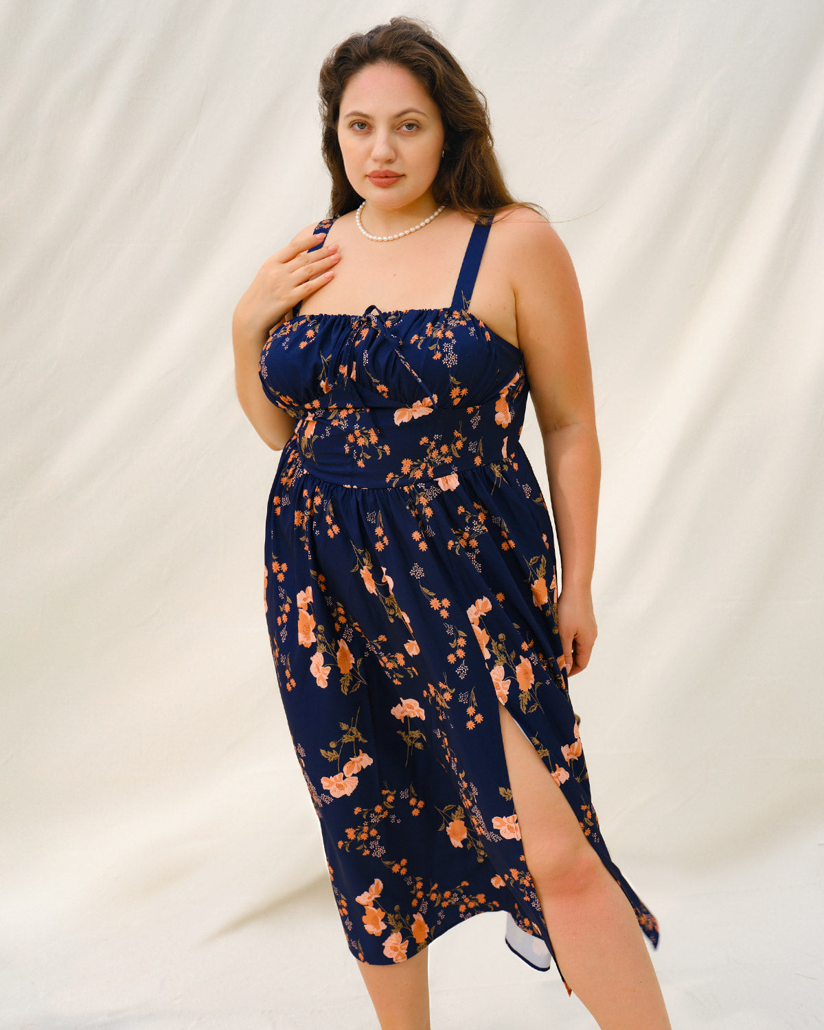 Navy Floral Ruched Plus Size Slip Midi Dress