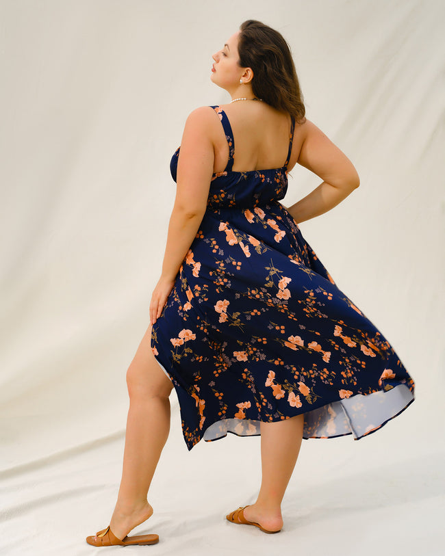 Navy Floral Ruched Plus Size Slip Midi Dress