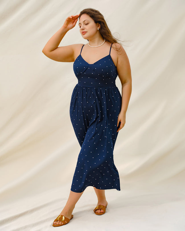 Navy Polka Dot Plus Size Slip Midi Dress