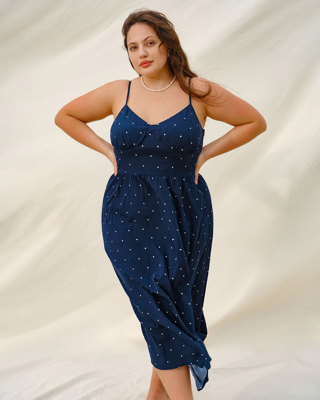 Navy Polka Dot Plus Size Slip Midi Dress