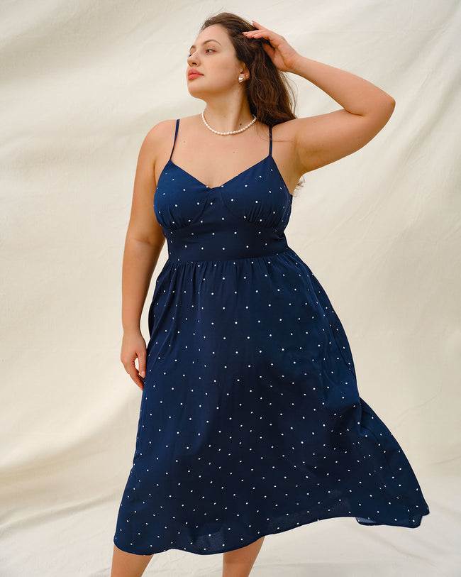 Navy Polka Dot Plus Size Slip Midi Dress