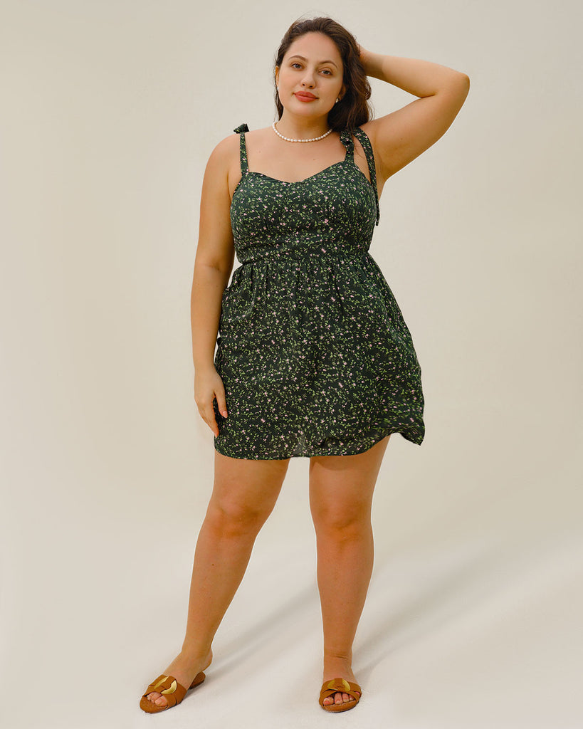 Green Floral Tie Strap Plus Size Mini Dress