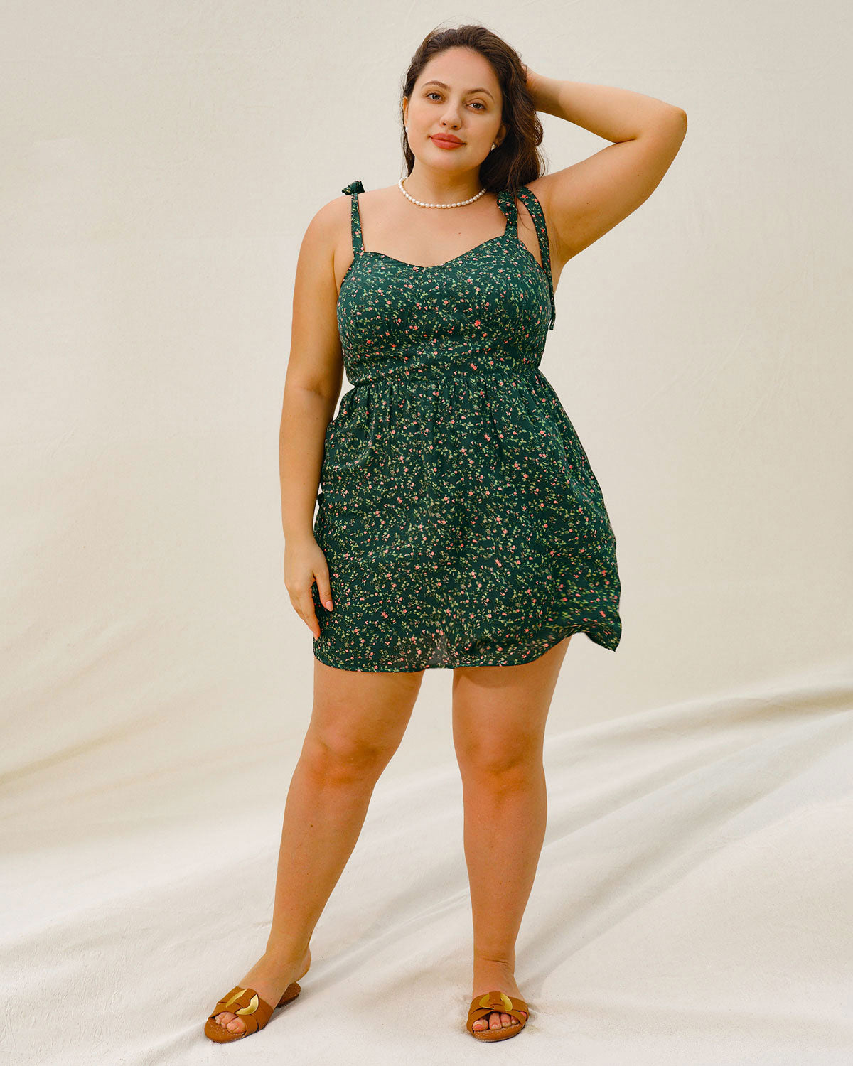 Green Floral Tie Strap Plus Size Mini Dress