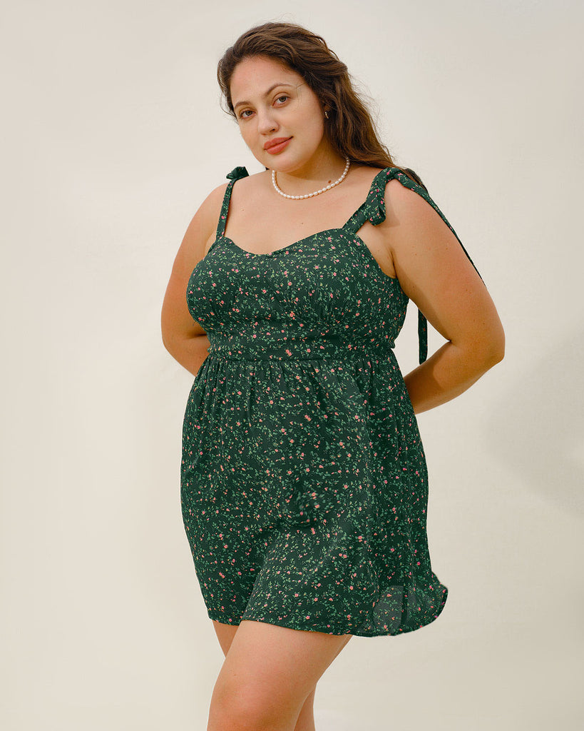 Green Floral Tie Strap Plus Size Mini Dress