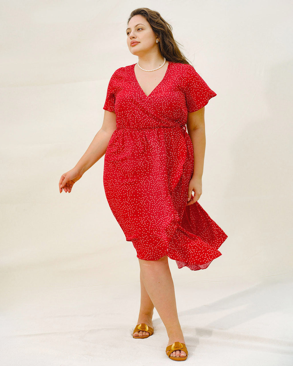 Plus Size Red V Neck Polka Dot  Midi Dress