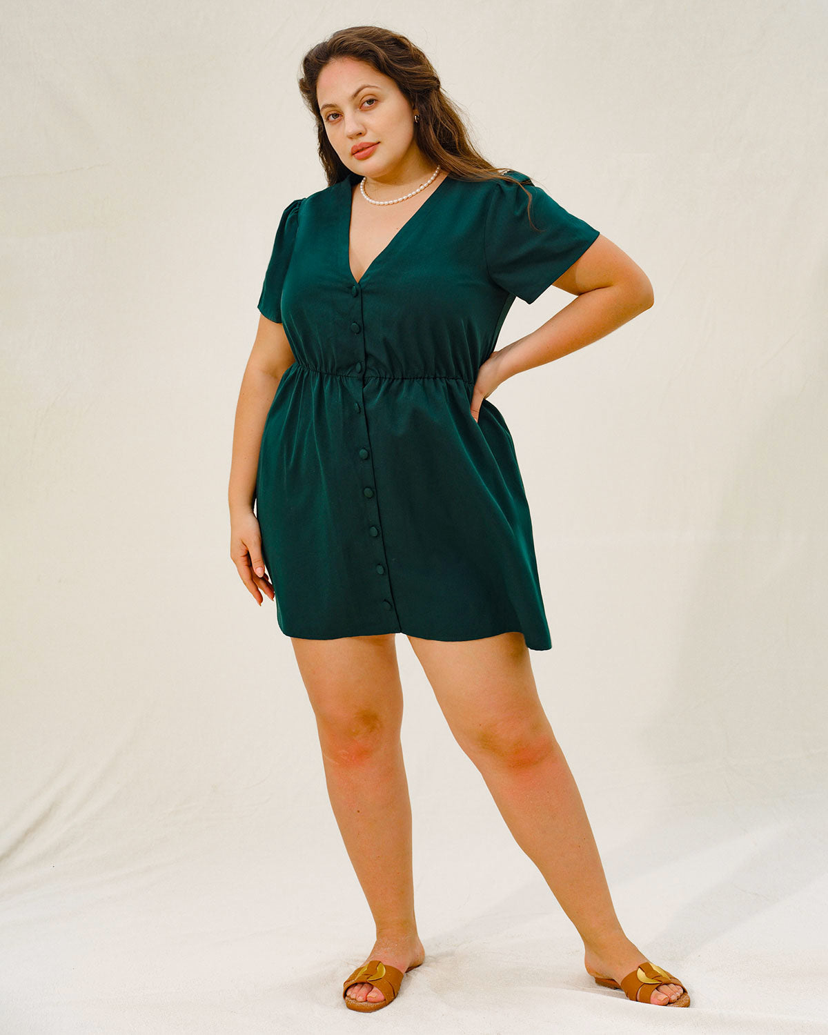 Green Puffed Sleeve Plus Size Mini Dress