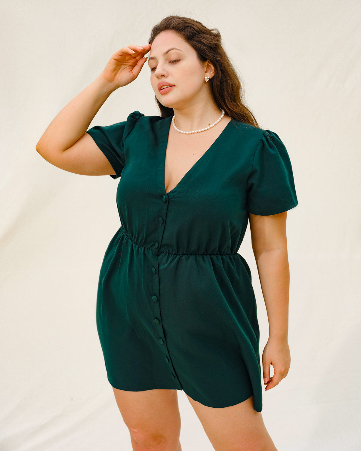 Green Puffed Sleeve Plus Size Mini Dress