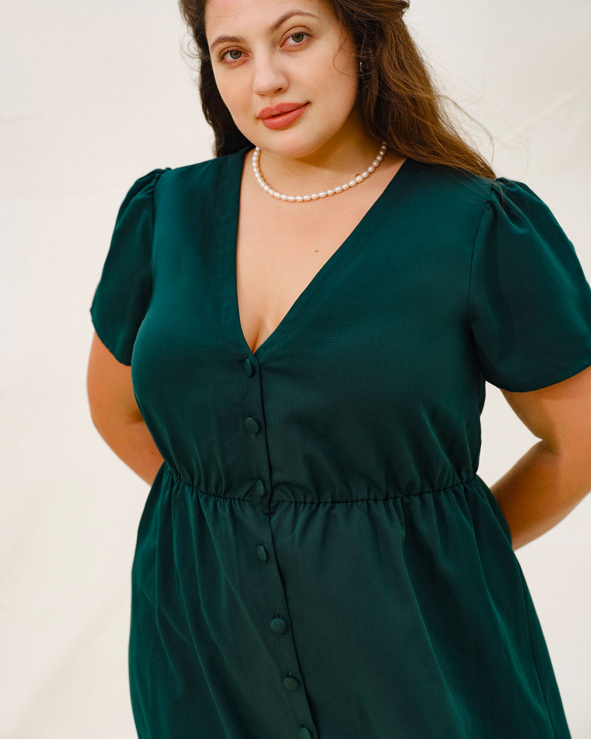Green Puffed Sleeve Plus Size Mini Dress